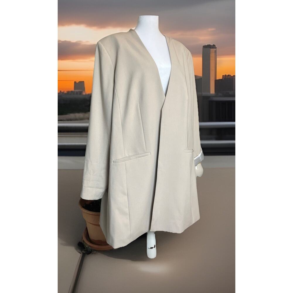 CK Calvin Klein Womens 22W Beige Tan Open Front Collarless Blazer Jacket Classic